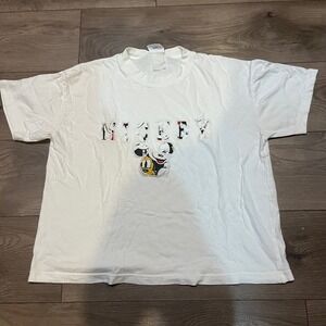 Vintage Mickey & Co Shirt Women L White Mickey Mouse Spellout Graphic Tee